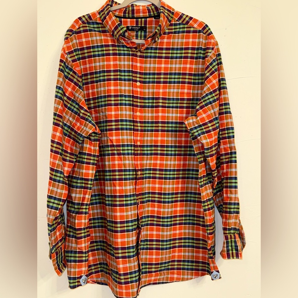 CREMIEUX CLASSIC ORANGE PURPLE H-E-GREEN PLAID 1 POCKET BUTTON DOWN MENS SZ 2XT